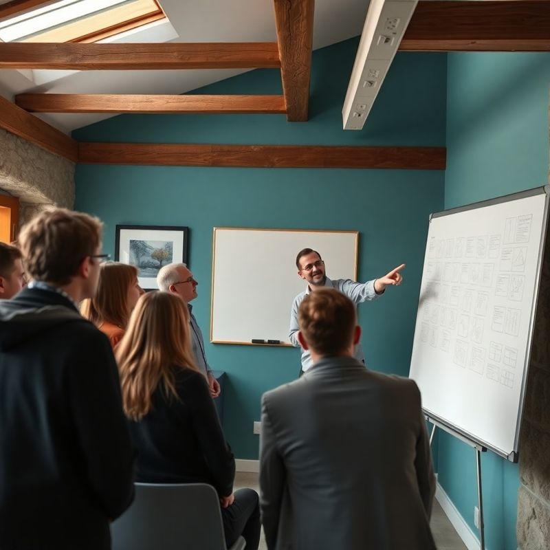 Manjša skupina odraslih pri predavanju z mentorjem pred belo tablo